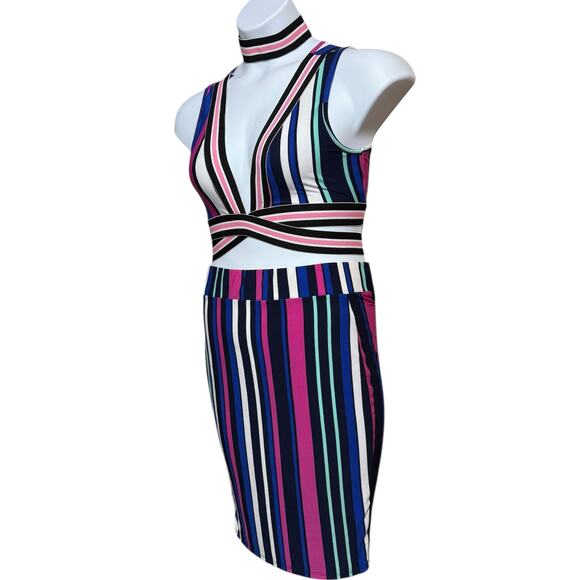 Fashion Nova 2 piece colorful striped set crop top with choker and skirt - small - Picture 2 of 8